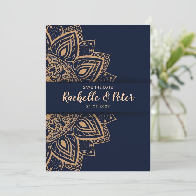 Royal Blue Gold Elegant Luxury Wedding Invitation (Standing Front)