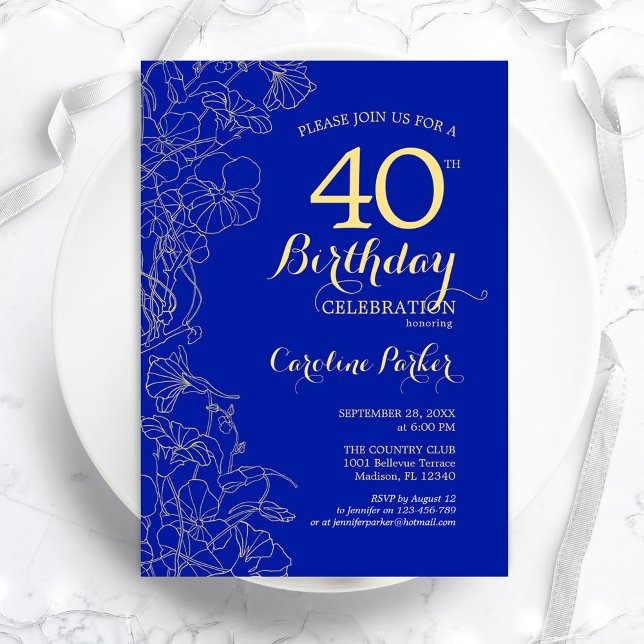 Royal Blue Gold Floral 40th Birthday Party Invitation (Creator Uploaded)