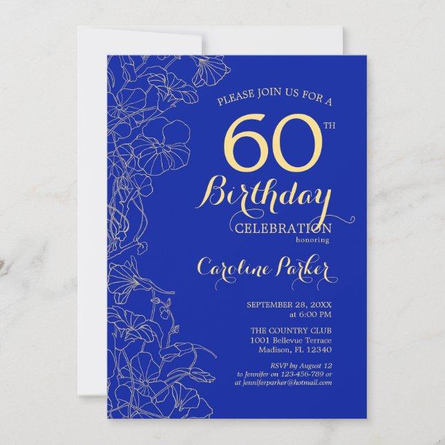 Royal Blue Gold Floral 60th Birthday Invitation (Front)