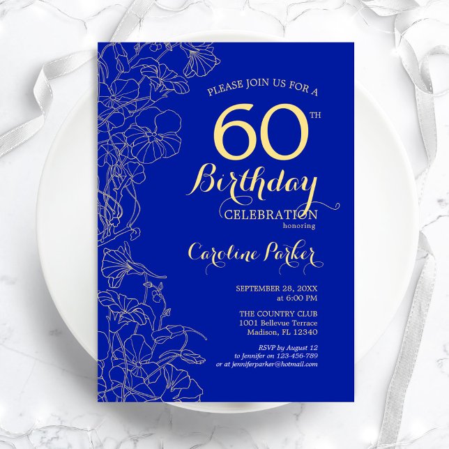 Royal Blue Gold Floral 60th Birthday Party Invitation (Creator Uploaded)