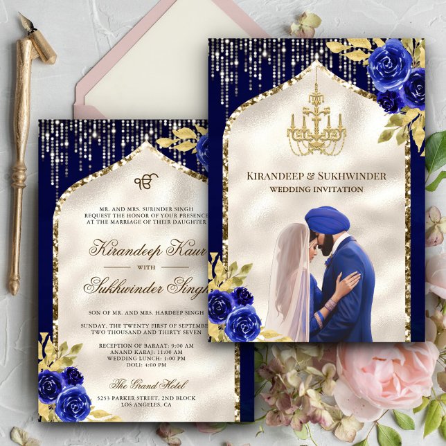 Royal Blue Gold Floral Anand Karaj Sikh Wedding Invitation (Creator Uploaded)