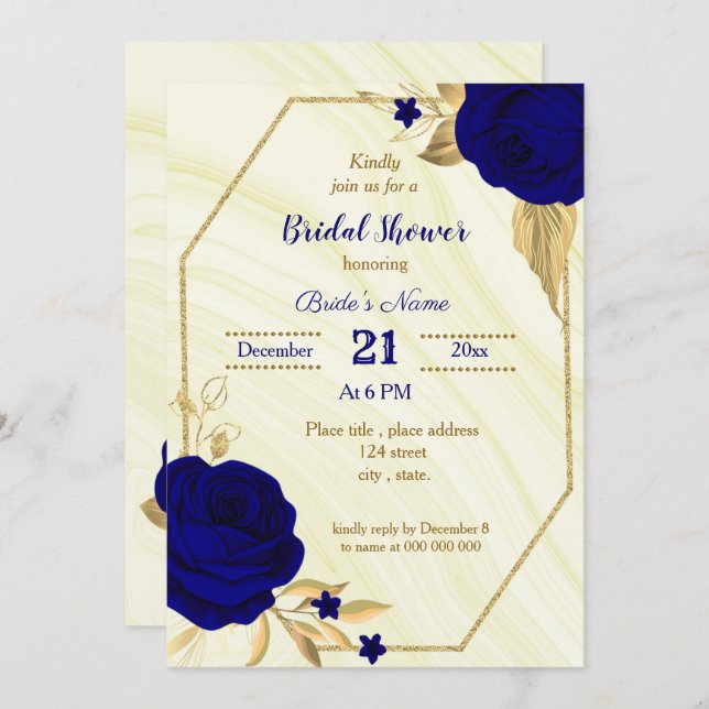 royal blue gold floral bridal shower invitation (Front/Back)