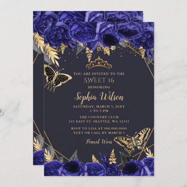 Royal Blue Gold Floral Butterfly Sweet 16 Invitation (Front/Back)