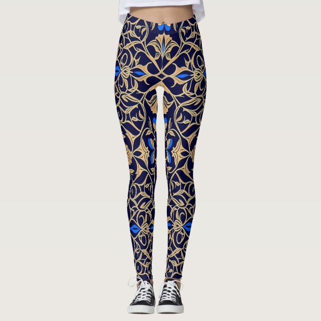 Royal Blue & Gold Floral Elegance Pattern Leggings (Front)