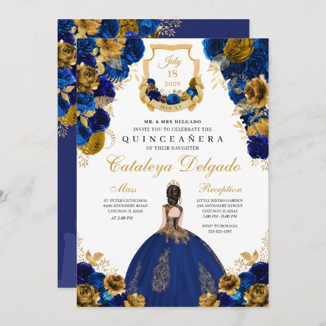 Royal Blue & Gold Floral Elegant Quinceañera Invitation (Front/Back)
