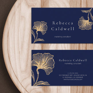 Royal Blue Gold Floral Feminine Business Card