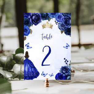 Royal Blue Gold Floral Princess Quinceañera Table Number