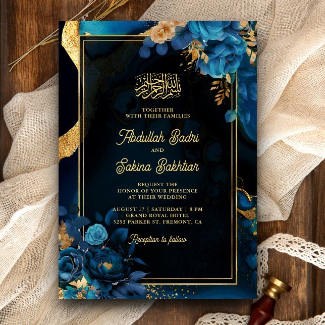 Royal Blue Gold Floral QR Code Muslim Wedding Invitation (Creator Uploaded)