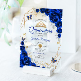Royal Blue Gold Floral Quinceanera Acrylic Invitations
