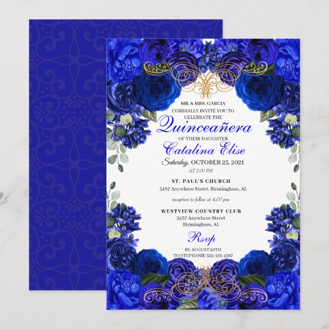 Royal Blue & Gold Floral Quinceanera Birthday Invitation (Front/Back)