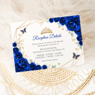 Royal Blue Gold Floral Quinceanera Details Enclosure Card