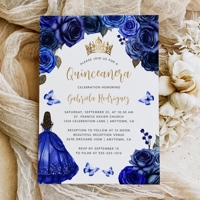 Royal Blue Gold Floral Quinceañera Invitation (Creator Uploaded)