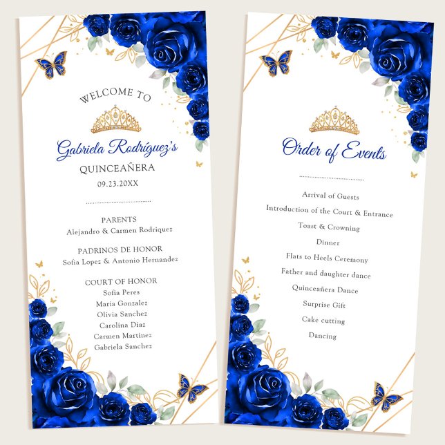 Royal Blue Gold Floral Quinceanera Order of Events Programme (Creator Uploaded)