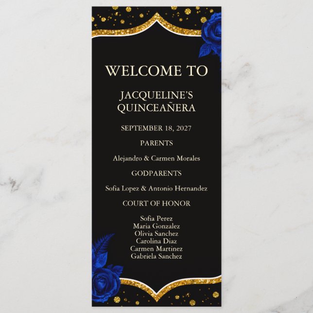 Royal Blue Gold Floral Quinceanera Program Menu (Front)