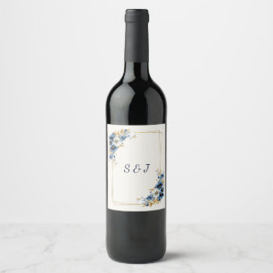 Royal Blue Gold Floral Wedding Bottle Labels
