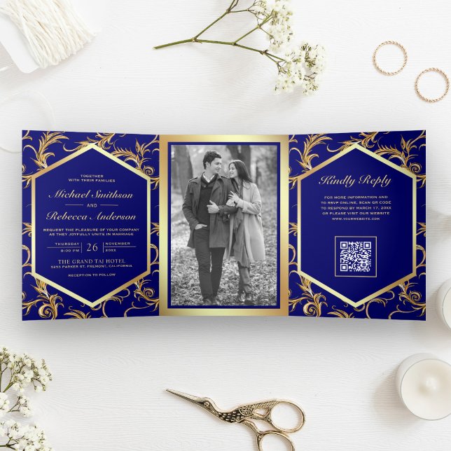Royal Blue Gold Flourish Photo QR Code Wedding Tri-Fold Invitation (Creator Uploaded)
