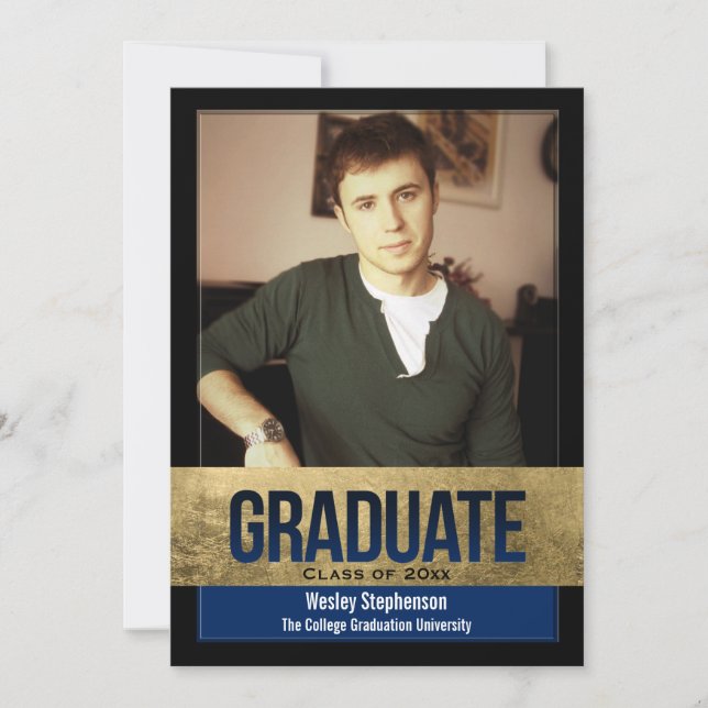 Royal Blue Gold Foil Block Effect Photo Graduation Invitation (Front)