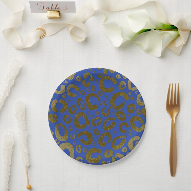 Royal Blue & Gold Glam Leopard Print Party Paper Plate (Wedding)