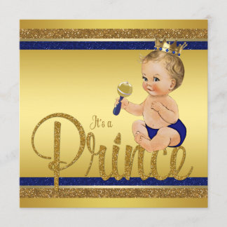 Royal Blue Gold Glitter Prince Baby Shower Invitation