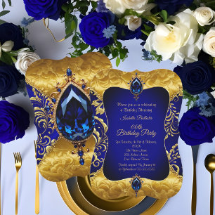 Royal Blue Gold Jewel Damask Birthday Party Invitation
