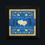 Royal Blue, Gold Joined Hearts Keepsake Box<br><div class="desc">This small wooden box for keepsakes or jewellery has a royal blue and simulated gold tile inlay that has a printed on royal blue ribbon and bow with a pair of jewels and simulated gold glitter joined hearts in the centre. The name of the happy couple is printed in pale...</div>