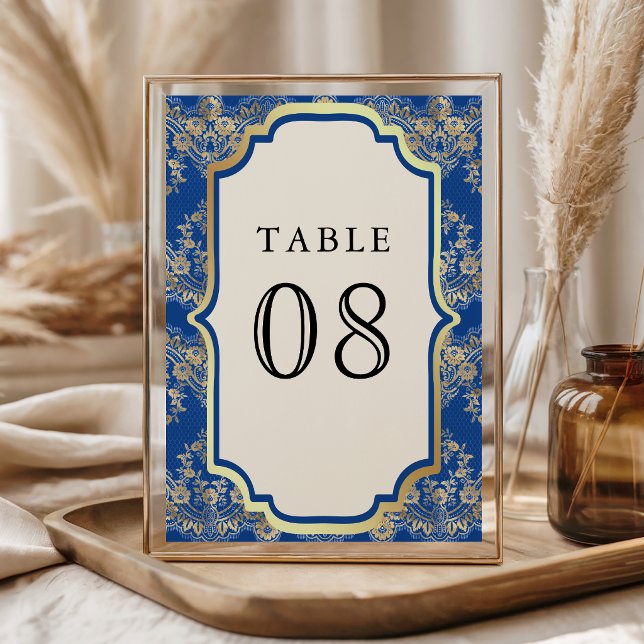 Royal Blue Gold Lace Indian Wedding Table Number (Creator Uploaded)