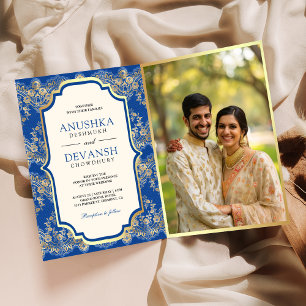 Royal Blue Gold Lace QR Code Photo Indian Wedding Invitation