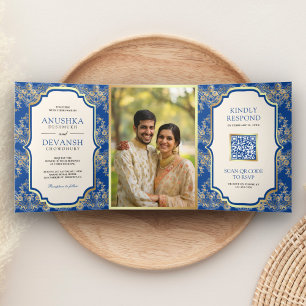 Royal Blue Gold Lace QR Code Photo Indian Wedding Tri-Fold Invitation