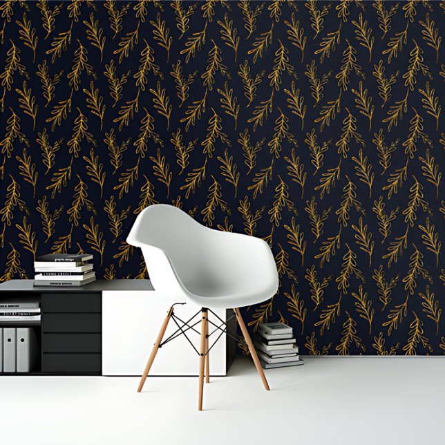 Royal Blue Gold leaves Botanical Pattern Wallpaper (Creator Uploaded)