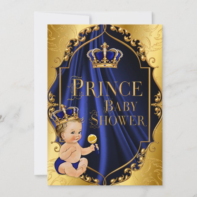 Royal Blue & Gold Little Prince Crown Invitation (Front)