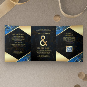 Royal Blue Gold Marble Ampersand QR Code Wedding Tri-Fold Invitation