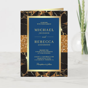 Royal Blue Gold Marble Photo QR Code Wedding Invitation