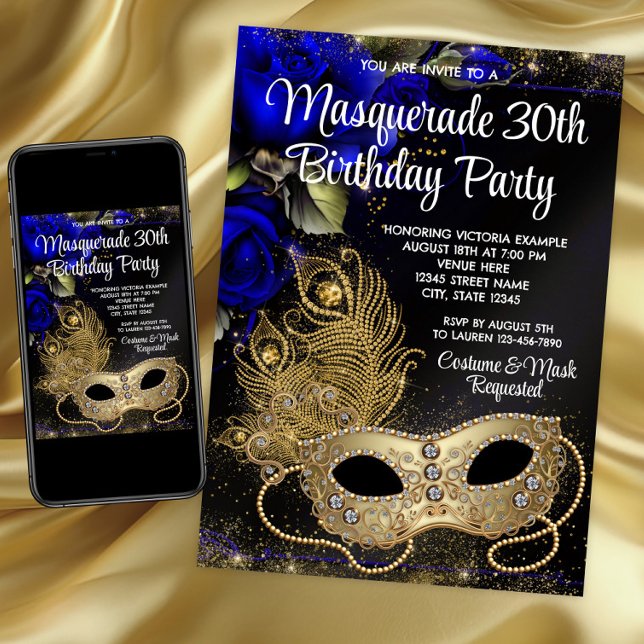 Royal Blue Gold Masquerade Party Invitation (Blue and Gold Masquerade Party Invitation for any birthday and event.)