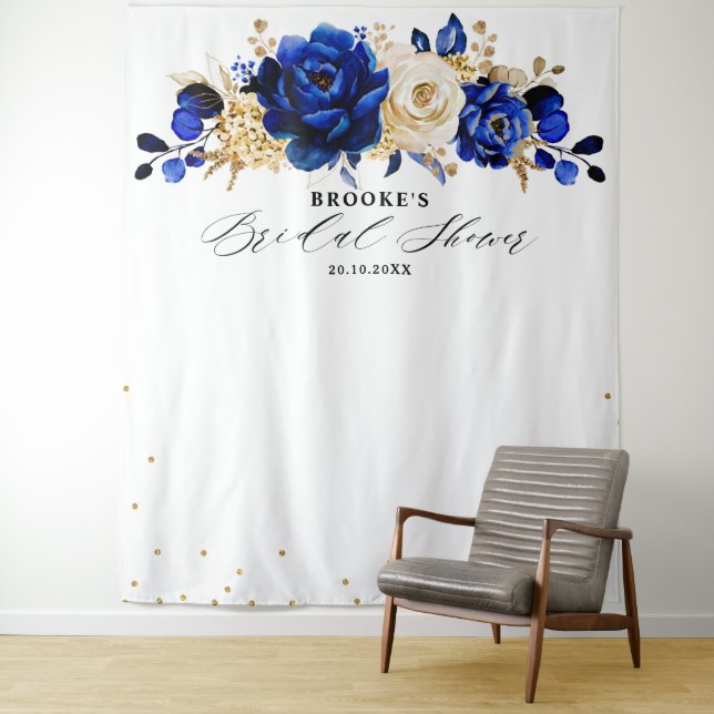 Royal Blue Gold Metallic Floral Bridal shower Tapestry (In Situ)