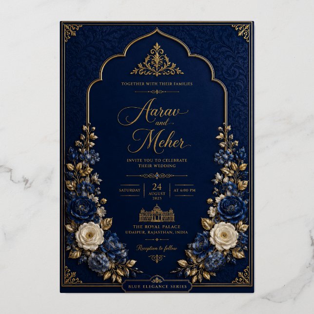 Royal Blue & Gold Palace Wedding Invitation | Blue (Front)