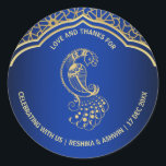 Royal blue gold peacock Indian Arabian design Gift Classic Round Sticker<br><div class="desc">Royal blue gold peacock Indian Arabian design personalised favour gift stickers.</div>