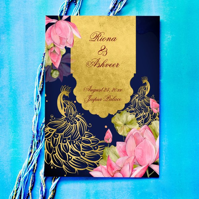 Royal blue gold peacock pink lotus Indian wedding Invitation (Creator Uploaded)