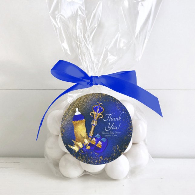Royal Blue Gold Prince Baby Shower Classic Round Sticker (Creator Uploaded)