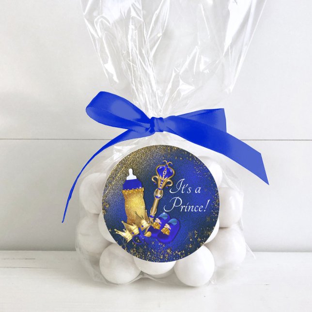 Royal Blue Gold Prince Baby Shower Classic Round Sticker (Creator Uploaded)
