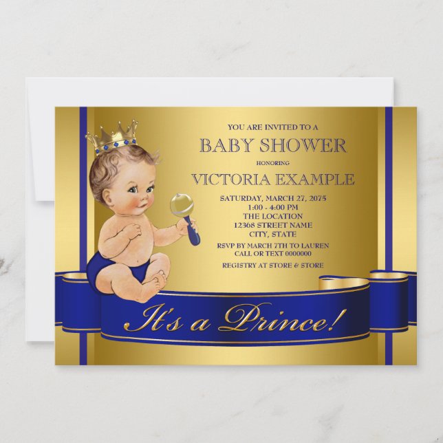 Royal Blue Gold Prince Baby Shower Invitation (Front)