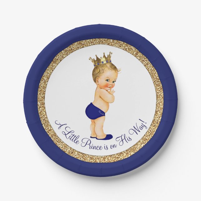 Royal Blue Gold Prince Baby Shower Paper Plate (Front)