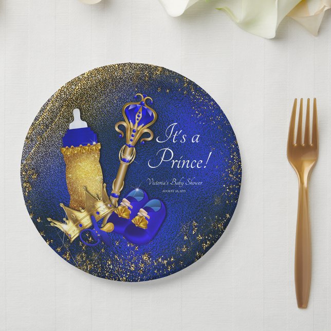 Royal Blue Gold Prince Baby Shower Paper Plate (You can change all text as needed for your event.)