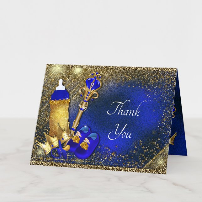 Royal Blue Gold Prince Baby Shower  Thank You Card (Add your message or leave blank for your handwritten message when they arrive.)