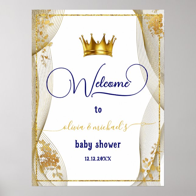 Royal Blue Gold Prince Baby Shower Welcome Poster (Front)