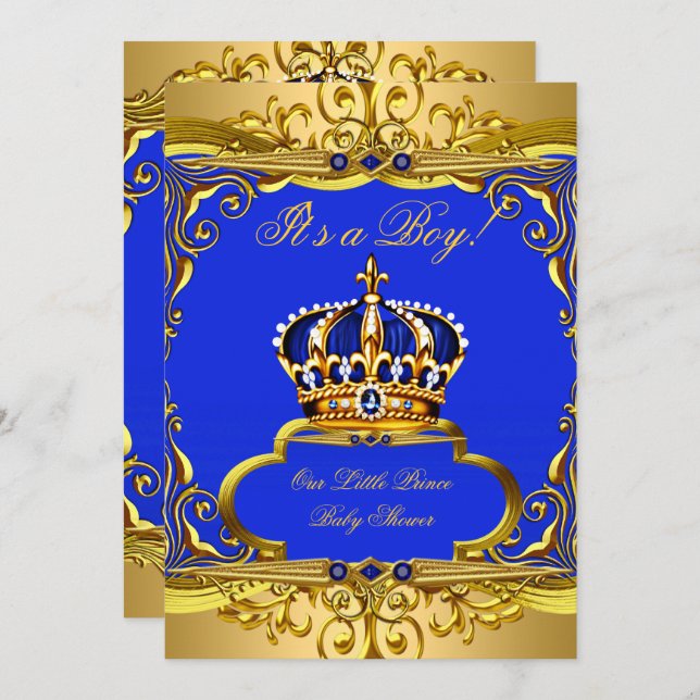 Royal Blue Gold Prince Crown Baby Shower Boy Invitation (Front/Back)