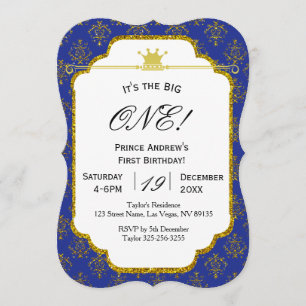 Royal Blue Gold Prince First Birthday Invitation