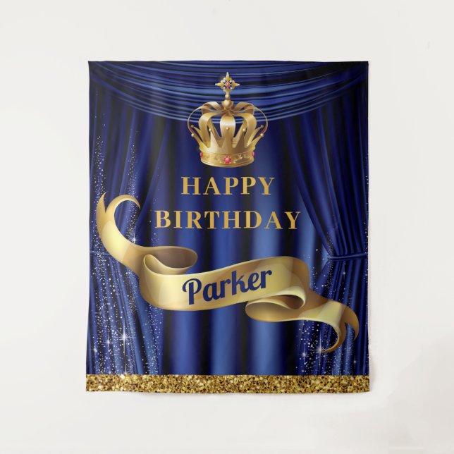 Royal Blue Gold Prince Happy Birthday Tapestry (Front)