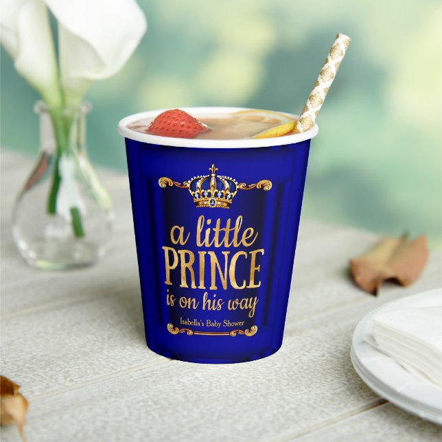Royal Blue Gold Prince On His Way Baby Shower Paper Cups (Insitu)