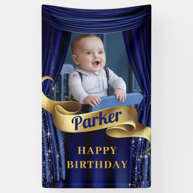 Royal Blue Gold Prince Photo Happy Birthday Banner (Vertical)