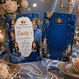Royal Blue Gold Princess 20th Birthday Invitation